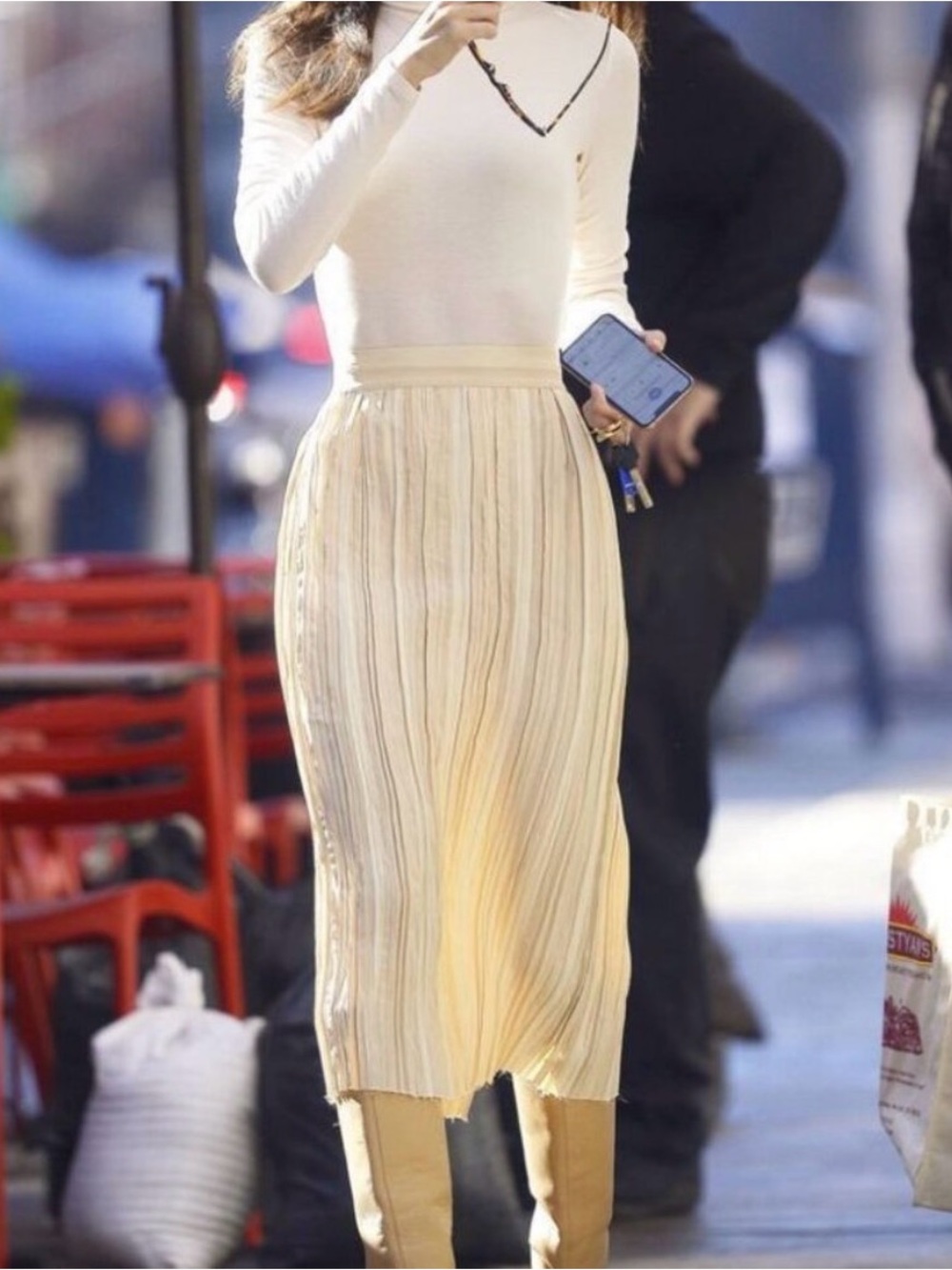 KHAITE Sylvia Pleated Jacquard Midi Skirt Beige Tan Size 0 NEW NWT